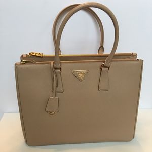 Prada Double Lux Large Saffiano Cammeo Leather Tote Beige Tan Nude Gold